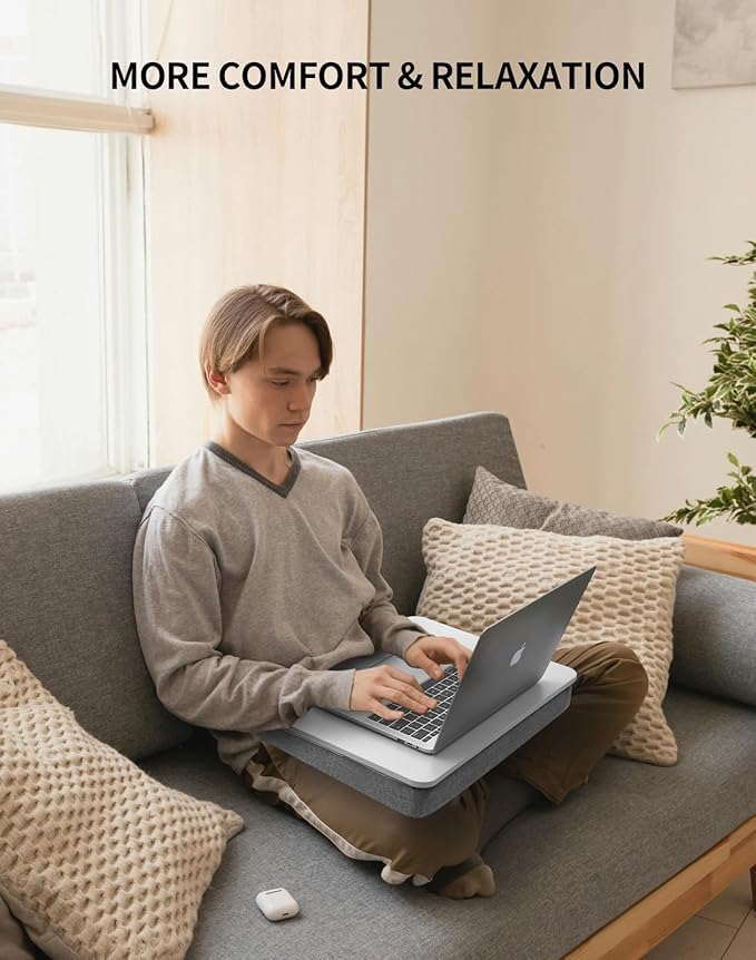 Lap Desk with Pillow Cushion, Portable Laptop Bed Desk, Fits up to 15.6 inch Laptop, Lap Stand for Bed & Couch & Carpet, Book Tablet/Drawing Board - White