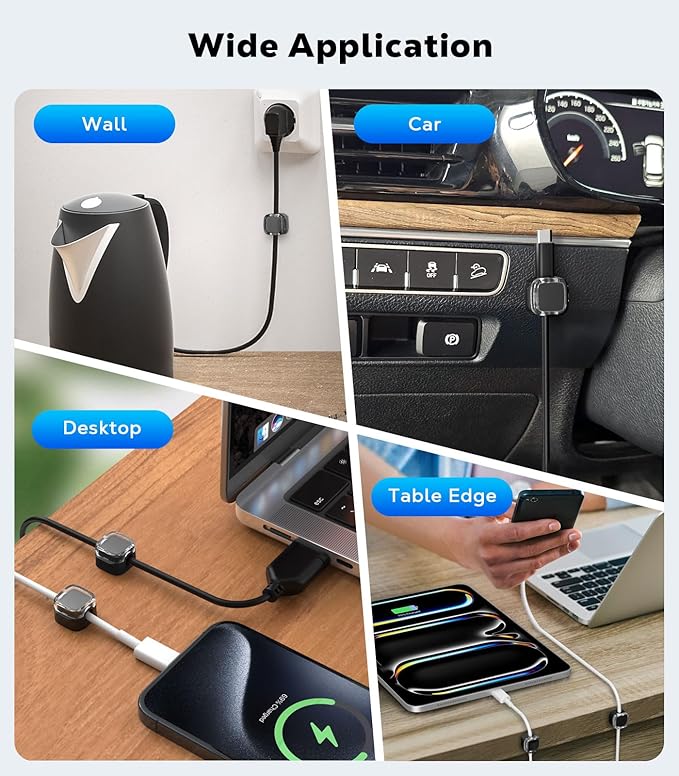 MoKo 6 Pack Magnetic Cable Clips, Under Desk Cable Management, Adhesive Magnetic Cord Holder, Magnetic Cord Organizer Wire Holder Keeper Organizer for Nightstand Desk Office Car Wall Glass, Black
