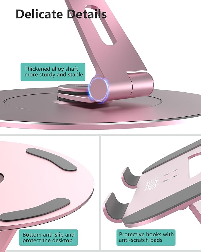 Ultra-Stable Swivel Laptop Stand for Desk, 300% Larger Base Stability, Military-Grade Aluminum, Height Adjustable Stylish Laptop Stand for Women, Suitable for 10"-17.3" Laptops Rose Gold