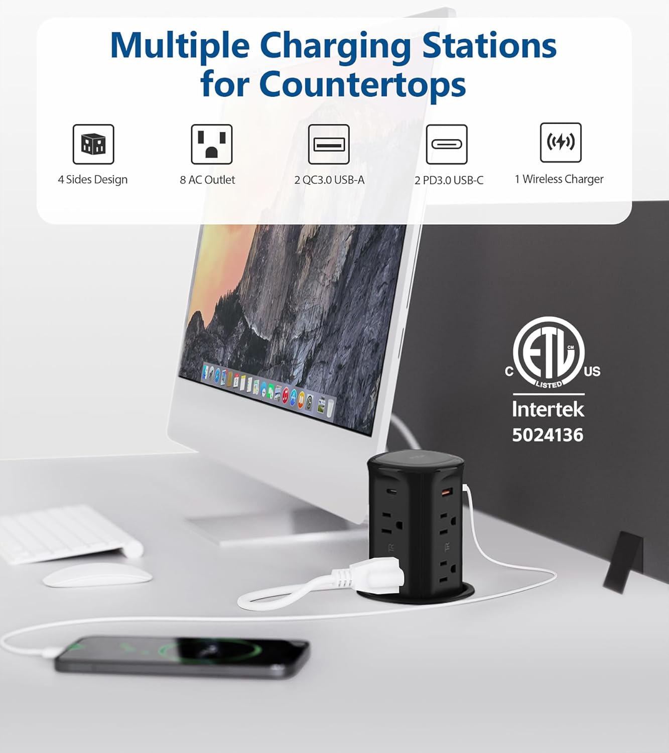 Jgstkcity Pop up Outlet for Countertop,65W USB C Fast Charging,15W Wireless Charger,13-in-1 Kitchen Island Electrical Power Station,4 USB,8 Outlets,15A Surge Protector,3.15'' Hole,ETL Listed,Black