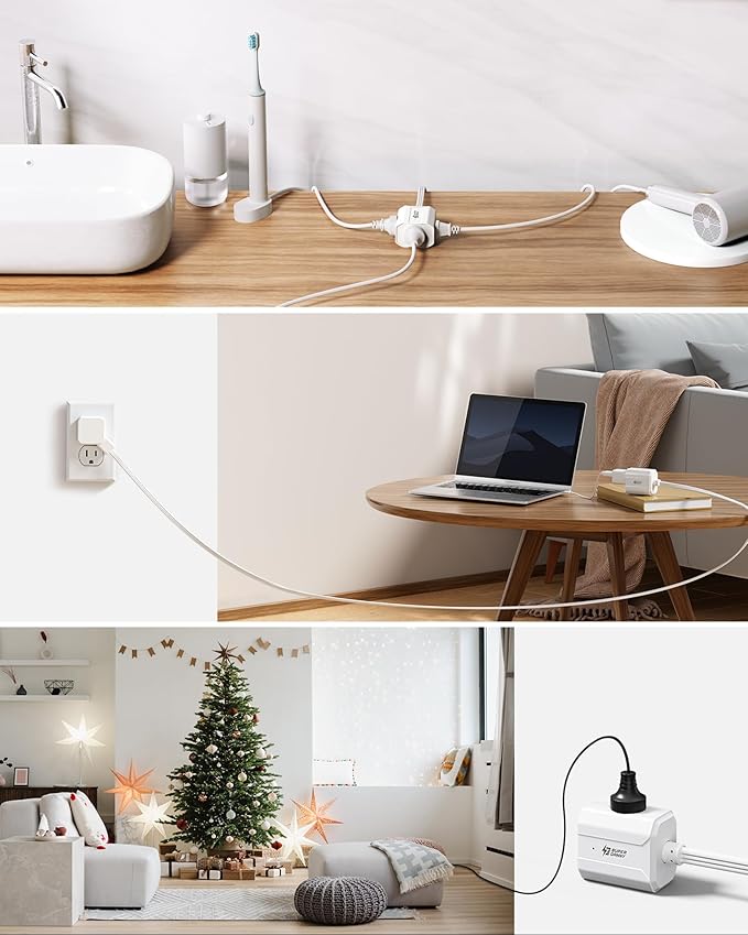 Extension Cord 1.5ft SUPERDANNY Mini Power Strip Ultra Right Angled Flat Plug for Tight Spaces,Indoor Extension with 3 Outlets,for Office Home Appliances,Non Surge Protector for Travel Cruise,White