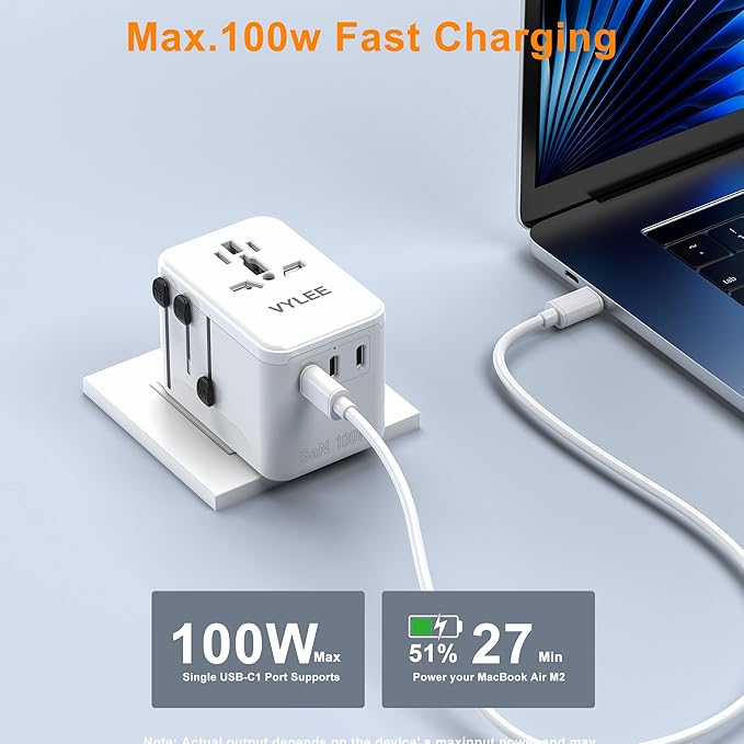 PD100W GaN Universal Travel Adapter, International Power Adapter in One, 3 USB C & 1 USB A & AC Outlet, Travel Adapter Worldwide Plug Adapter with USA EU UK AUS Plugs for Laptops,Tablets,Phones
