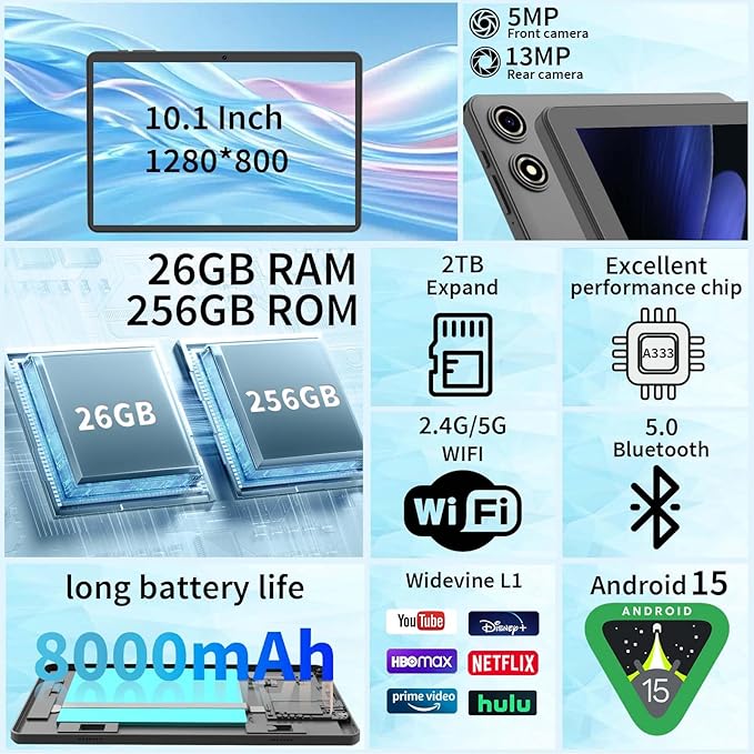 Android 15 Tablet with Keyboard, 26GB RAM+256GB ROM(2TB Expand), 10 inch Tablet with 8000mAh Battery, 2.4G/5G WiFi, 5MP+13MP Dual Camera, Widevine L1, GMS Certified, Mouse, Case, Stylus(Green)