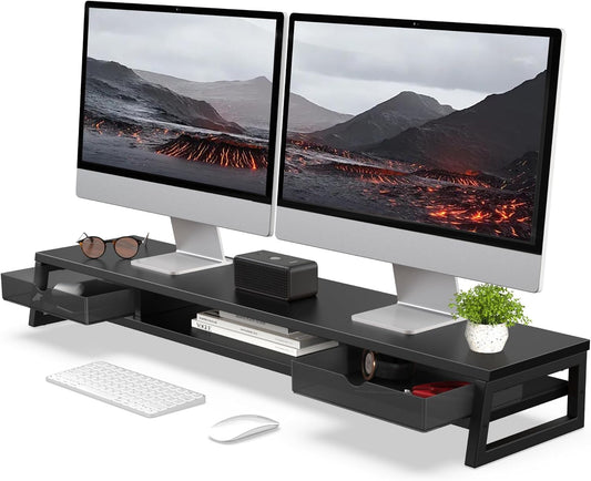 Fenge Dual Monitor Stand, Monitor Riser with Drawer, 42.5 Inch Large Computer Monitor Stand for 2 Monitors, 2 Tier Wooden Desk Shelf for Top of Desk