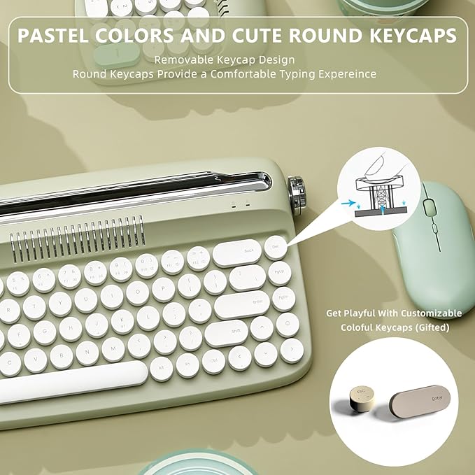 YUNZII Upgraded Wireless Typewriter Keyboard, Retro Aesthetic with Integrated Stand,Cute Round Keycaps, USB-C/Bluetooth Connection for Table, Phone, PC and Win/Mac/Android (B307, Sweet Mint)