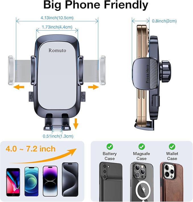 Romuto Car Phone Holder Mount【2025 Strongest Suction】 Phone Mount for Car Dash Pad Cell Phone Holders for Your Car Accessories for Women Men Dashboard/Windshield/Vent Truck Stand for iPhone Samsung