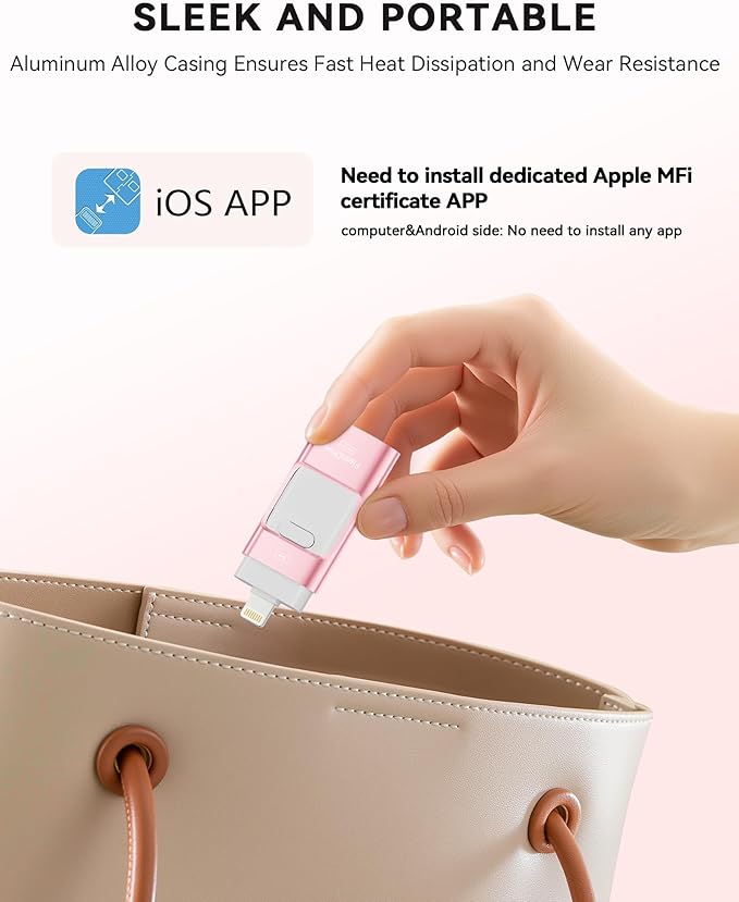 MFi Certified 256GB iPhone Flash Drive, Photo Stick Memory Stick for iPhone iPad, USB Thumb Drive for Photos Videos Transfer & Backup, External Storage Compatible for iPhone/Android/PC/Mac (Pink)