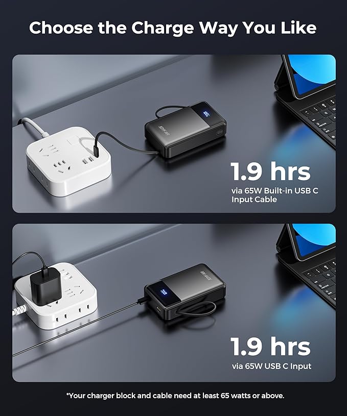 Portable Charger Power Bank - 30000mAh 65W Laptop Travel Essentials Battery Pack USB C Built in Cable Phone Fast Charging Compatible with iPhone 16 15 14 13 iPad MacBook Samsung Google (Black)