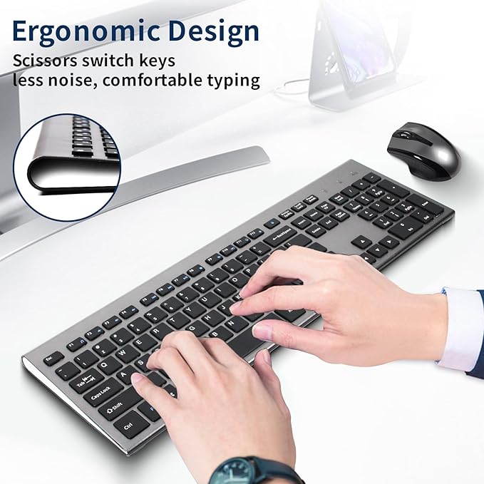 Wireless Keyboard and Mouse Combo 17inch Full Size 2.4G USB Ergonomic Slim Wireless Keyboard for PC Laptop Tablet Desktop Computer,Windows Silver Gray (Black Gray)