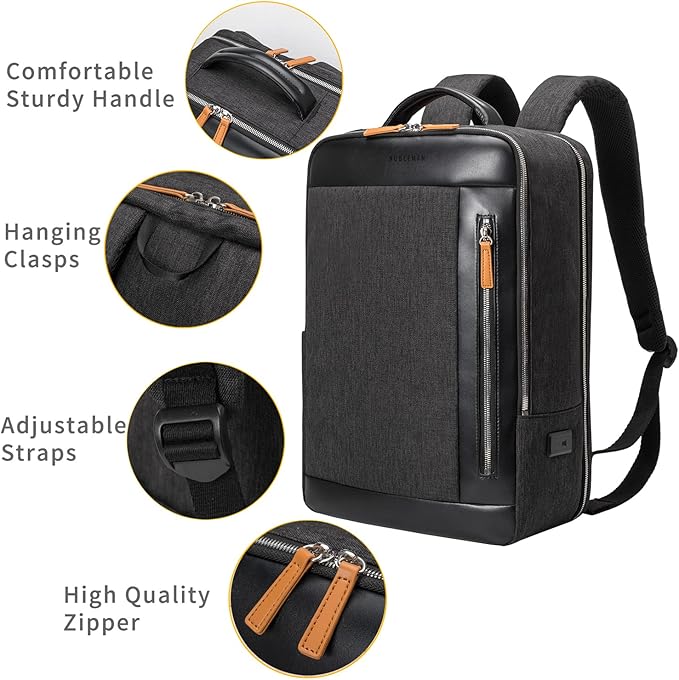 NOBLEMAN Professional Laptop Computer Backpack Men, Luxury Expandable Travel Business Office Backpacks for Executive Men, Nice Leather Waterproof College Bookbag Bag Fits 17 Inch Tech Laptop (Black) ﻿