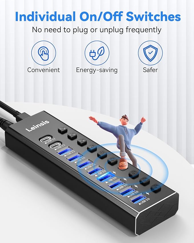 Powered USB Hub 3.2, LEINSIS 10-Port USB 3.2/USB C Hub (10Gbps USB-A 3.2 +2 USB-C 3.2 +7 USB 3.0 Ports) with Individual On/Off Switches and 12V Power Adapter, Aluminum USB Hub Powered for Laptop PC