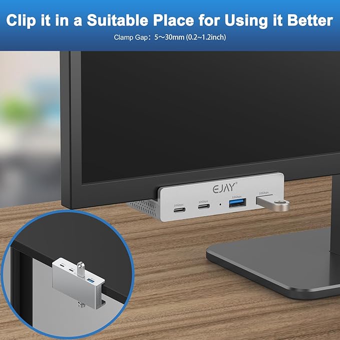 EJAY 4Ports 10Gbps USB-C HUB USB3.2 Clamp USB HUB Splitter,Mountable USB-C Adapter with Data & Power Cable for iMac 2021 and later-10Gbps(JK-2A2C-SV)