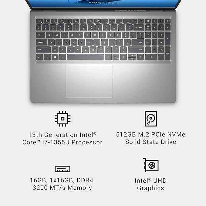 Dell 15 Laptop DC15250-15.6-inch FHD 120Hz Display, 13th Gen Intel Core i7-1355U, 16GB DDR4 RAM, 512GB SSD, Intel UHD Graphics, Windows 11 Home, Onsite Service - Platinum Silver