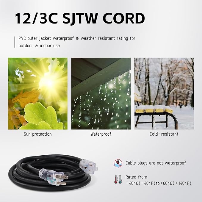 EP 3 Ft Outdoor Extension Cord, 12/3 SJTW Heavy Duty Waterproof Power Cable, 3 Prong Grounded Plug, Lighted End, for Lawn, Garden, Appliances, Black