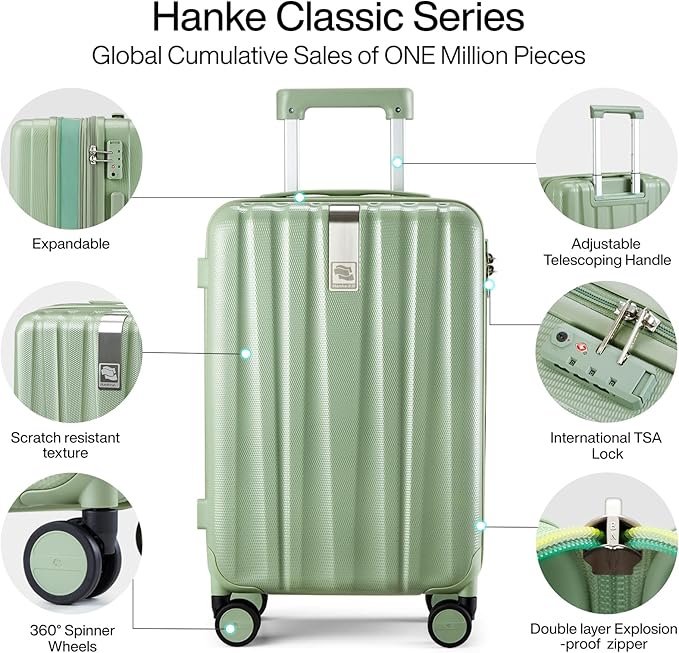 Hanke Expandable Hard Shell Luggage Sets 2 piece Carry on Luggage with Wheels Suitcases Lightweight Checked Travel Luggage Rolling Large Suitcase Travel Luggage Bag Woman Men 20/29 Inch(Bamboo Green)