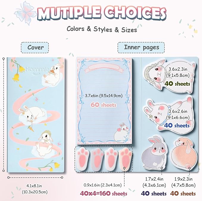 Hommie Cute Sticky Notes Set, Sticky Notes Set Planner Dividers, Easter Bunny Self-Stick Memo Pads with Animal Divider Tabs, Bundle Writing Designs for Office, School, Easter Party Supplies