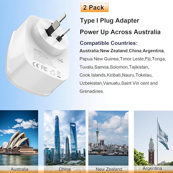 2 Packs Type I Australian Plug Adapter, VooLerTun Timor Argentina Travel Plug Adapter with 4 USB Charger Ports (2 USB C),1 American Outlet Adapter. US Converter for Australia Travel