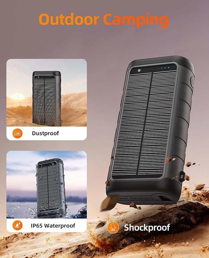 Solar Charger, 59800mAh Portable Power Bank for All Phones, Outdoor Waterproof Battery Pack Built in Hand Crank, 15W Wireless Charger 6 Outputs & 3 Inputs/LED Flashlights, Perfect for Camping Travel