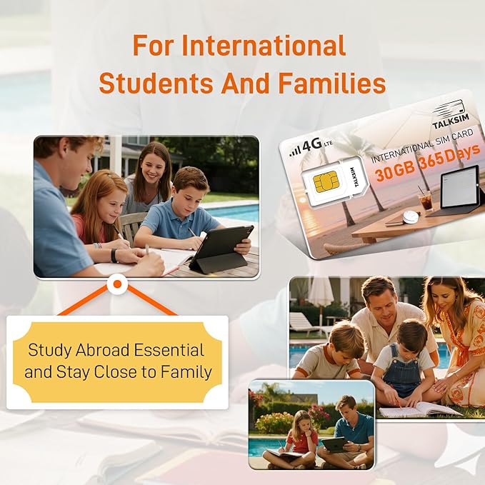 International Data SIM Card 30GB 365 Days, 4G LTE Prepaid Travel SIM Card Supported 45 Countries USA,UK,Europe,Asia& Africa, Ideal for Business Trip, Europe Travel& Family Together, No Contract