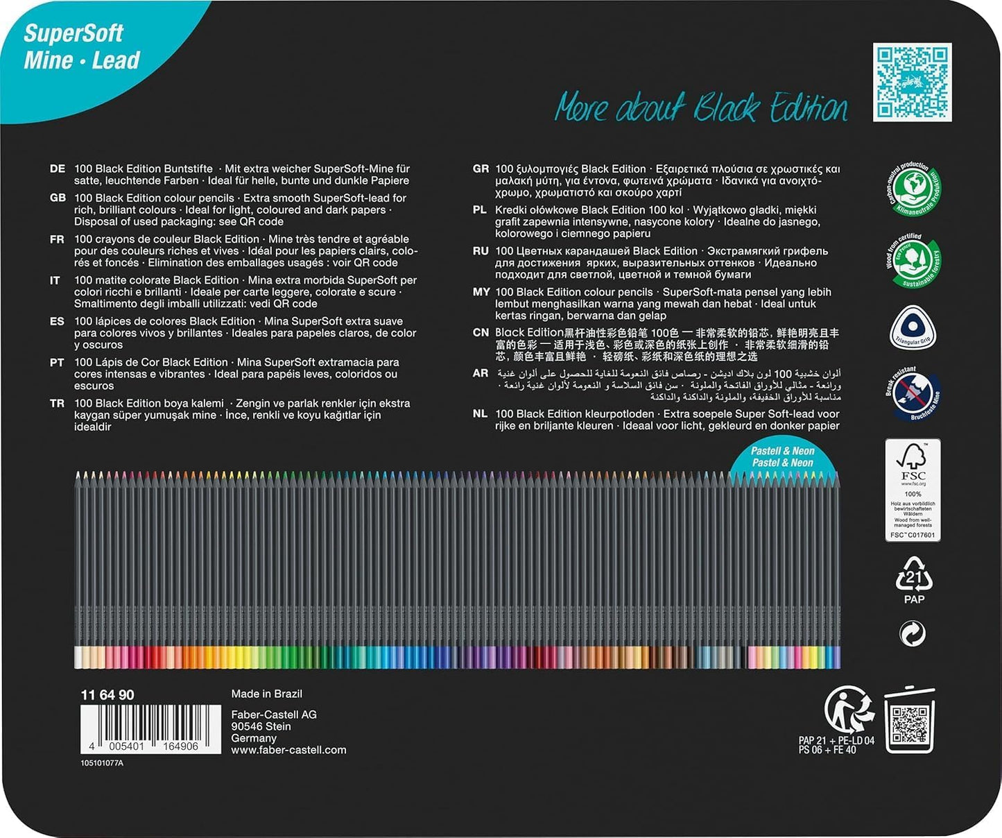 Faber-Castell Black Edition Colored Pencils Tin: Black Wood and Super Soft Core Lead, Art Colored Pencils for Adult Coloring, Teens, Kids and Beginners, Art Drawing Supplies (100 Count)