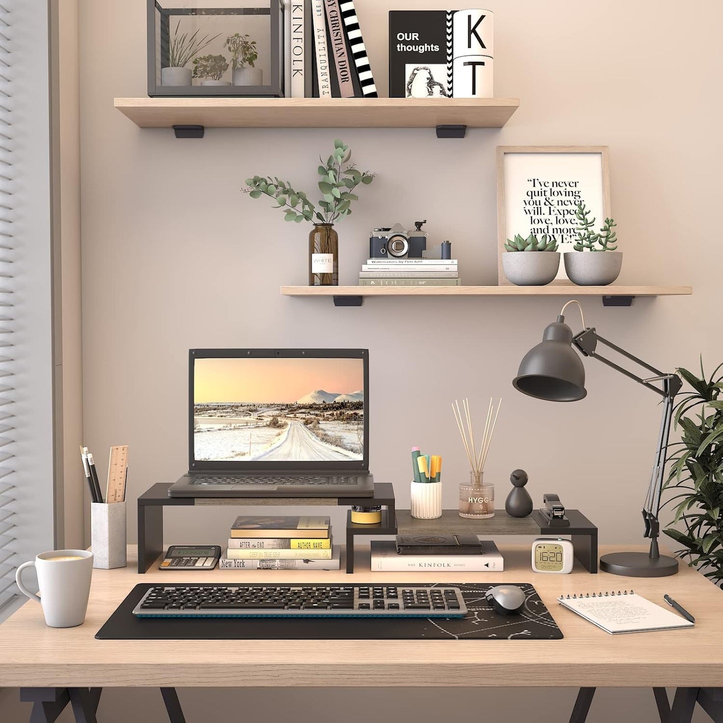 WESTREE Dual Monitor Stand Riser - 2 Shelf Computer Stand with Adjustable Length and Angle, Desktop Organizer for 2 Monitors