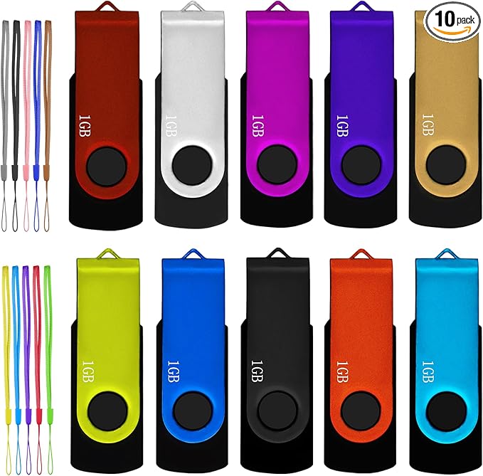 1GB USB Flash Drive 10 Pack, Nicepicten USB 2.0 Thumb Drives Zip Drive USB 1GB Memory Stick Swivel Pendrive Jump Drives Multipack with 10PCS Lanyard for Events Office (Colorful 10Pack 1 GB)