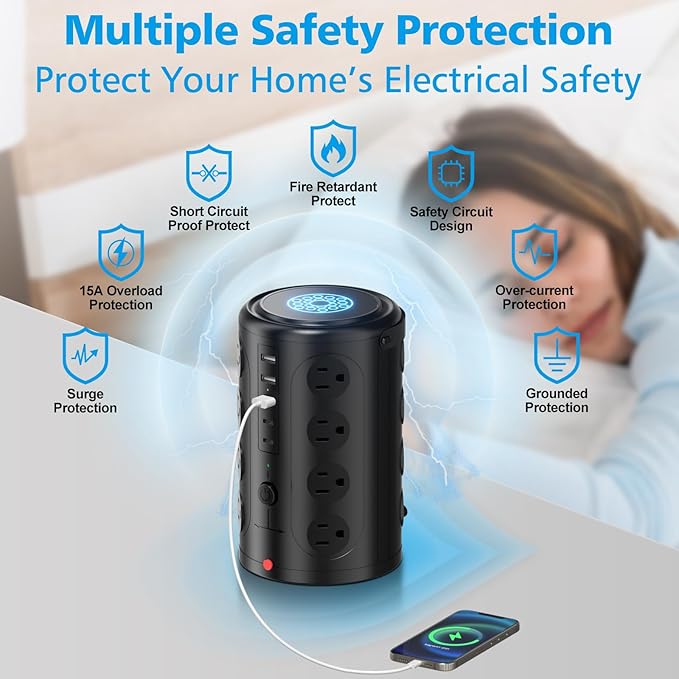 Tower Power Strip with 15W Wireless Charger, 15FT Extension Cord with Multiple Outlets, 16 AC Outlets & 5 USB (2 USB C) Charging Station Surge Protector for Office Home Dorm Room (Black)