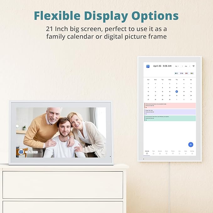 Digital Calendar 21.5 Inch Touch Screen, Electronic Wall Calendar Chore Chart for Family Monthly/Weekly Planner, Interactive Display Smart Calendar for Home Organization, Desk Mount Included - White