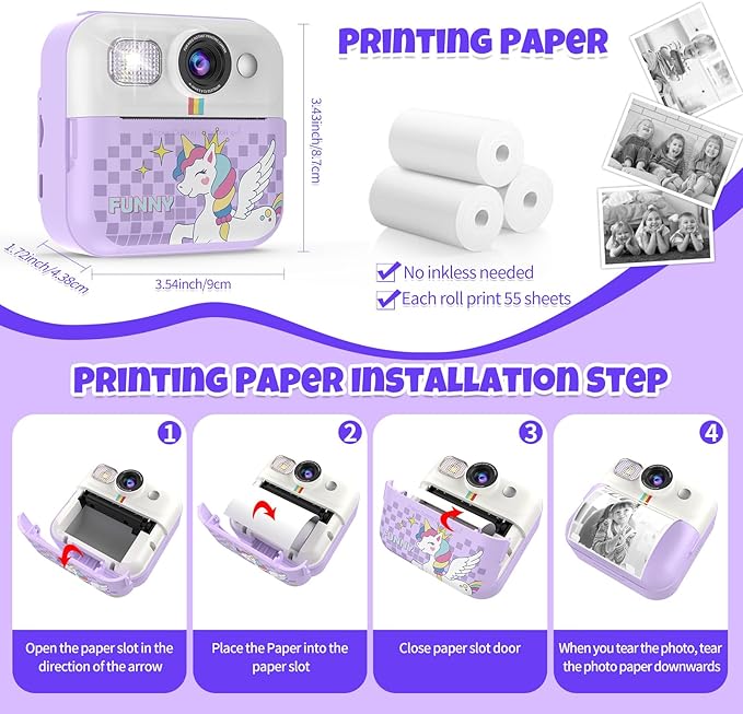 Kids Instant Print Camera, 1080P Children Printable Cameras Christmas Birthday Gifts for Girls Age 3-10, Toddler Toys for 3 4 5 6 7 8 9 10 Year Old Boys with 3 Roller Photo Paper (Purple)