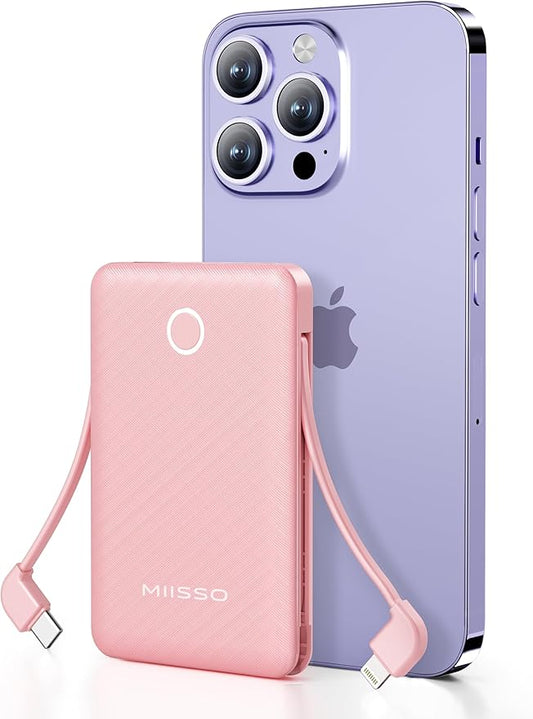 miisso 6000mah Ultra Slim Built in Cables Power Bank, Card Size Built in USB C Cords Battery Pack Portable Charger for Phones, 3 Output External Battery Pack Compatible with iPhone, Samsung, Pink