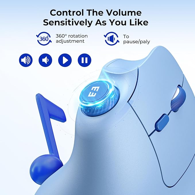 seenda Ergonomic Mouse Rechargeable, USB+Dual Bluetooth, MOU-302 Vertical Wireless Mouse with Volume Knob, Quiet Clicks, Multi-Device Cordless Mice Compatible for Windows, PC, Laptop, Mac OS, Blue