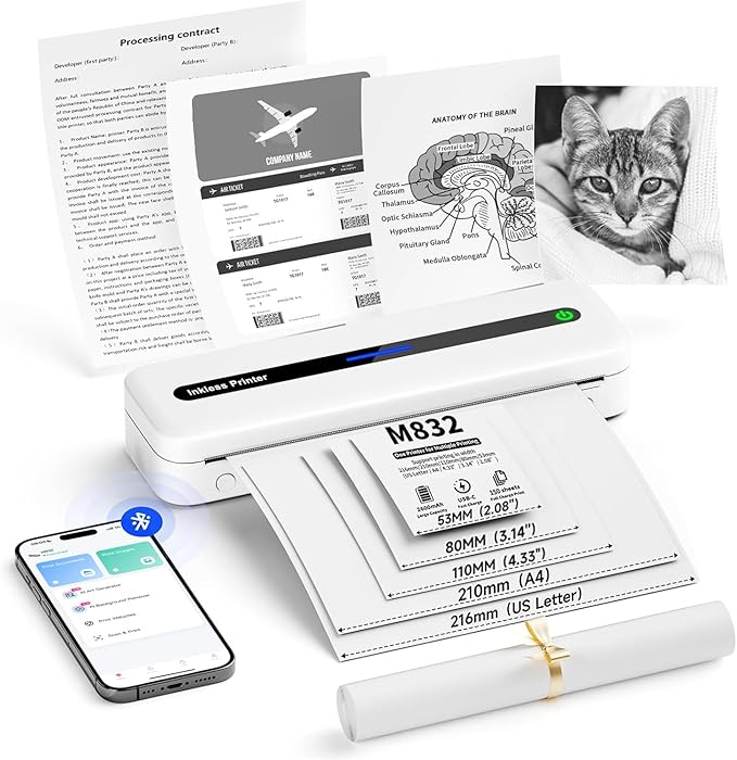 Itari M832 Portable Printers Wireless for Travel - 300dpi Inkless Small Bluetooth Compact Mobile for Home Use Support 8.5" x 11" US Letter & A4 Paper, Compatible with Android and iOS Phone & Laptop