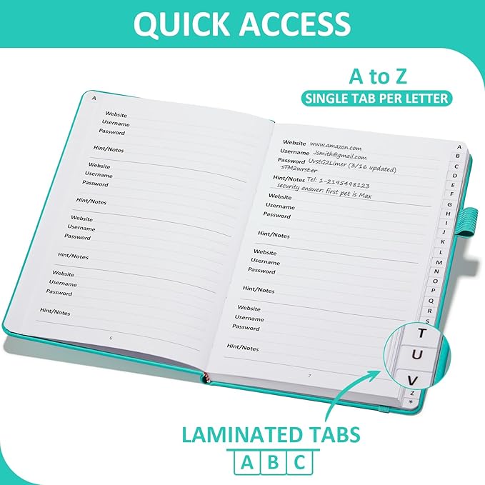 Password Book with Individual Alphabetical Tabs Laminated, Large Print Password Keeper Book for Seniors, A5 Hardcover Internet Password Log Book to Record Website Login Details - Aquamarine