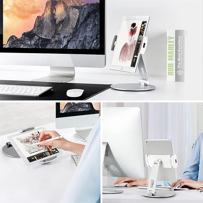 Viozon Tablet Stand and Holders with Adjustable Range and Height Aluminum Stand Compatible with iPad/iPad pro/ipad Mini/Cellphone/Kindle Desk Holder fits 3.5-13inches, 360° Swivel Adjustable Base
