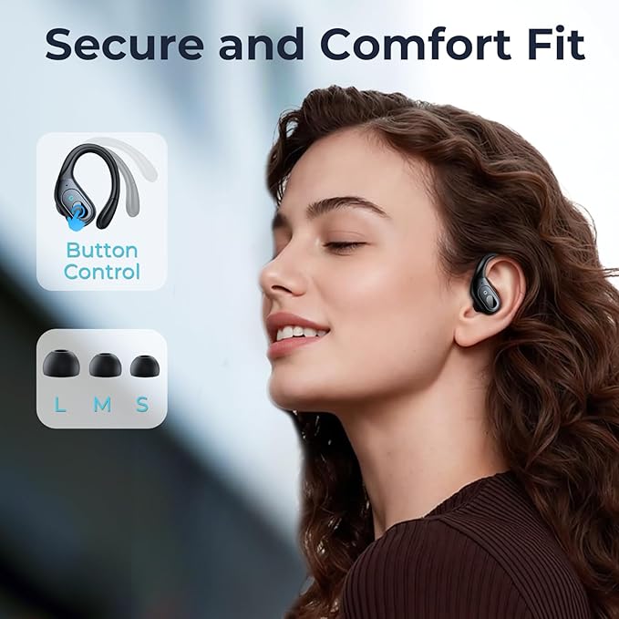 occiam Active Noise Cancelling Earbuds Wireless Bluetooth Headphones Ear Buds 90Hrs Playback Stereo Bass Earphones with Mic Over-Ear Hooks IPX7 Waterproof Headset for Work Sports Running Gym Black