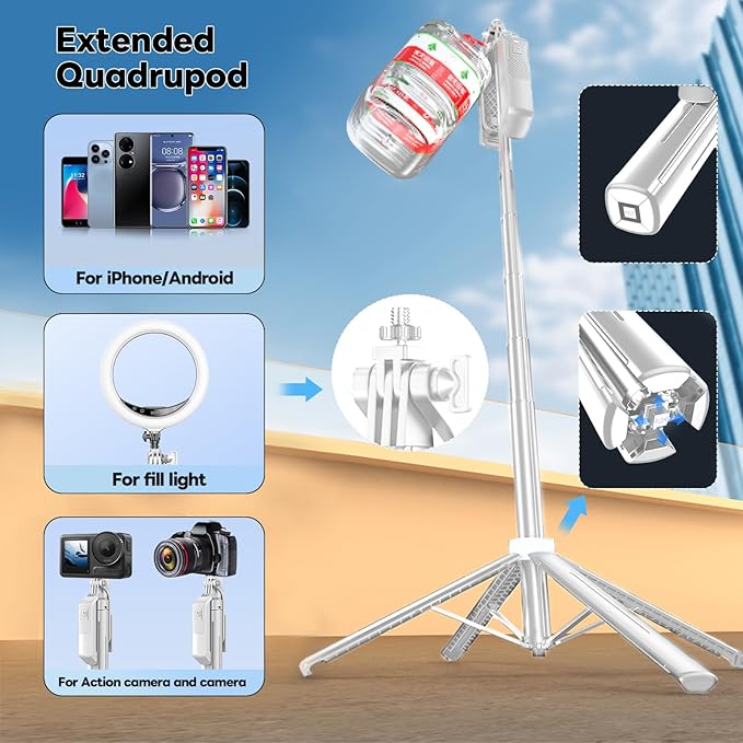 71" Selfie Stick Phone Tripod with Wireless Remote & 2 LED Fill Lights, Extendable Aluminum Phone Stand for iPhone/Android/Camera, Portable Travel Tripod for Vlogging, Live Streaming, Video Recording