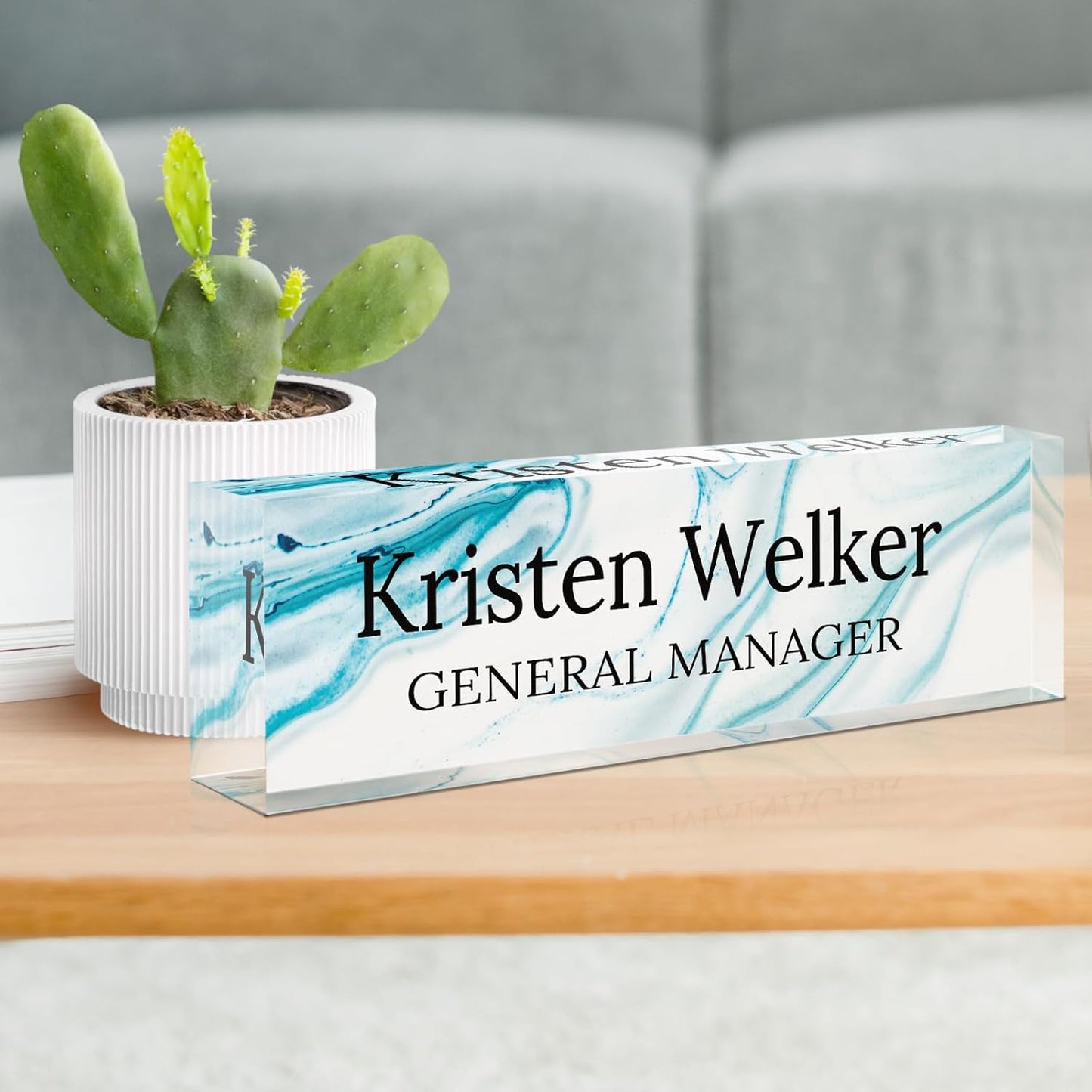 Gowellly Desk Name Plate Personalized - Custom Acrylic Name Plate for Desk - Enterprise Custom Logo/Text nameplates - Employee Appreciation Gifts (White Blue Marble)