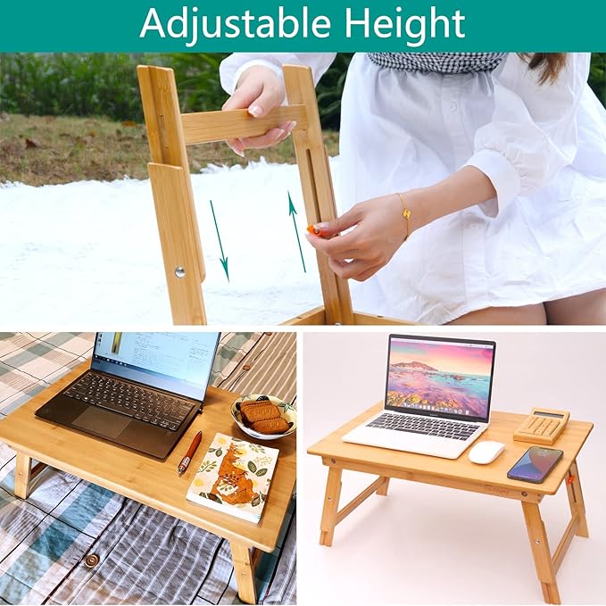 Lap Desk for Bed, COIWAI Bed Desk Bed Table Tary, Low Desk Table, Folding Floor Table, Adjustable Height, Portable Foldable Picnic Desk,Serving Breakfast Coffee in Bed Couch Floor .Bamboo