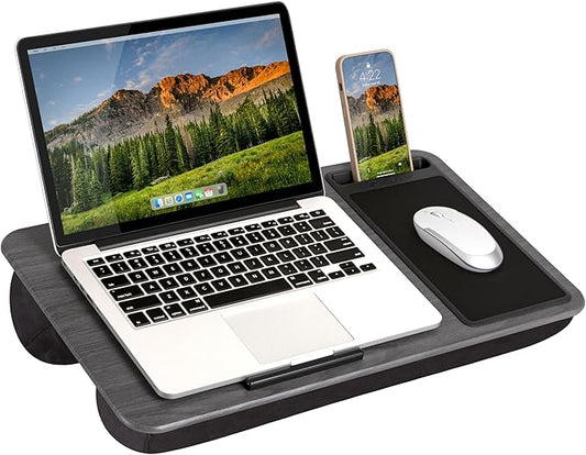 LAPGEAR Home Office Lap Desk with Device Ledge, Mouse Pad, and Phone Holder - Gray Woodgrain - Fits up to 15.6 Inch Laptops - Style No. 91545