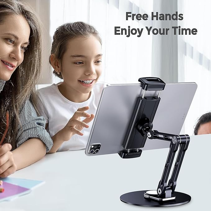 Tablet Stand Holder for iPad, Adjustable with 360 Rotating Base for Desk, Aluminum Swivel Tablet Stand Compatible with iPad Air, Mini, 10.2,9.7, Pro 11/13 and More, Black