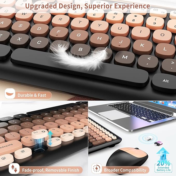 HotFox Wireless Keyboard and Mouse Combo, Full-Size Retro Typewriter Keyboard with Round Keycaps, Ergonomic Design for Windows PC, Home and Office Use -Red