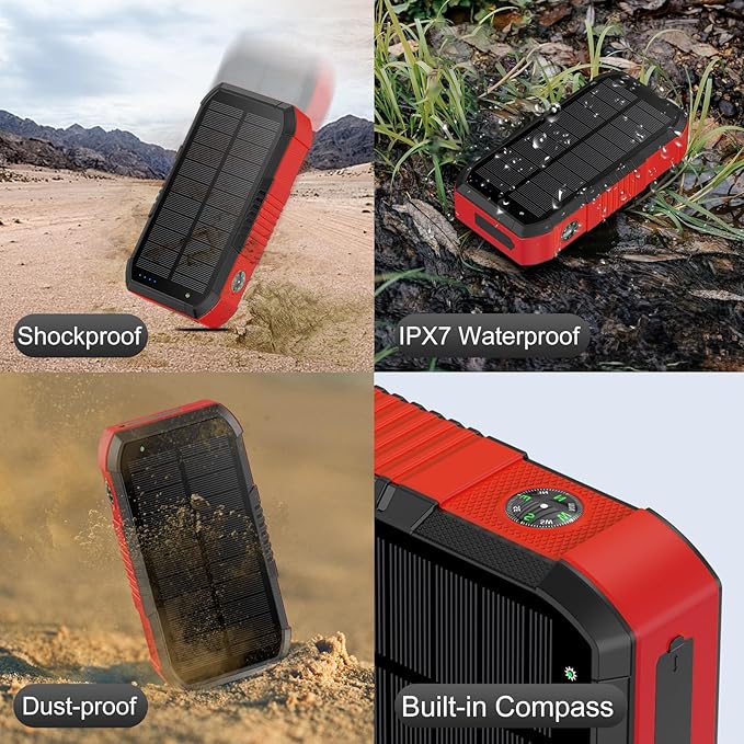Solar Power Bank 66800mAh Built in Hand Crank and 4 Cables 22.5W Fast Charge,Camping Essentials/SOS/Strobe/Strong Flashlights,Compass Solar Portable Charger Power Bank (Red)