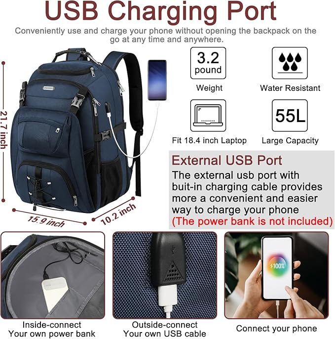 TSA Friendly Travel Laptop Backpack 18.4 inch XXXL Gaming Backpack Water-Repellent College Daypack Business Backpack with RFID Pockets & USB Port for Men