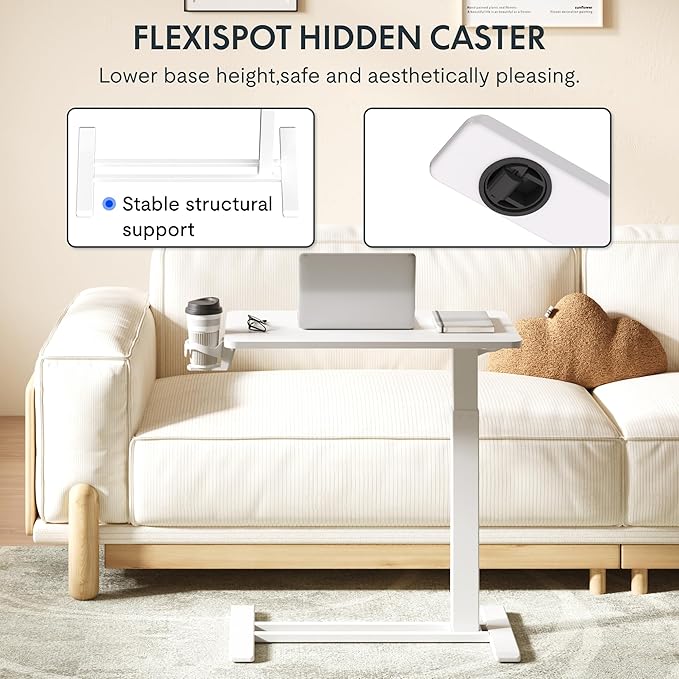 FLEXISPOT H7 Adjustable Overbed Bedside Table with Wheels Pneumatic Mobile Standing Desk Laptop Desk Rolling Computer Cart Movable Overbed Table Hospital Home Use(27.6" W x 15.7" D, White)