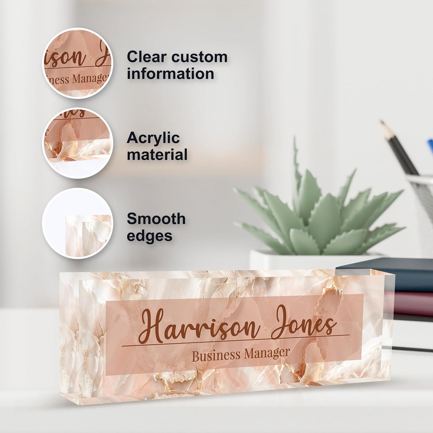 Personalized Name Plate for Desk, Custom Desk Name Plate, Acrylic Name Plate Office Desk Accessories, Personalized Office Gifts for Coworkers Teachers, Employee Appreciation Gifts (B-Pink Flowing)