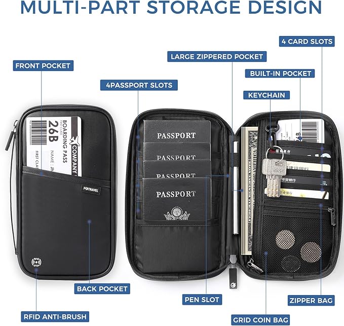 Travel Passport Holder, Large Family Passport Walle for Men Women RFID Passport Cover Lightweight Portable Document Organizer with Wrist Strap (Black)