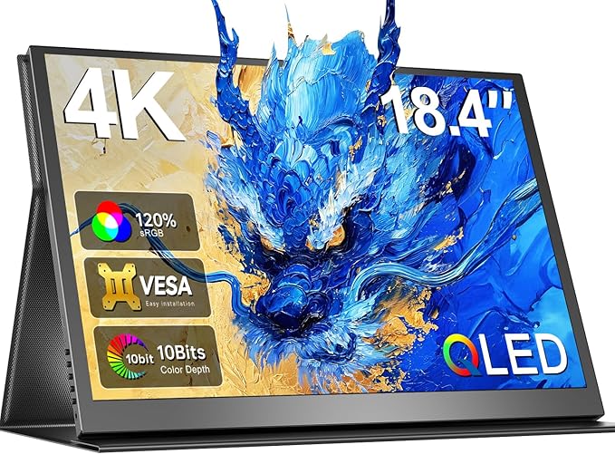Newsoul 4K QLED Portable Monitor, 18.4" UHD 3840 * 2160 Laptop Monitor, 120% sRGB Large Portable Screen Built-in USB-C Mini HDMI with VESA & Cover Second Screen for Phone Game Console