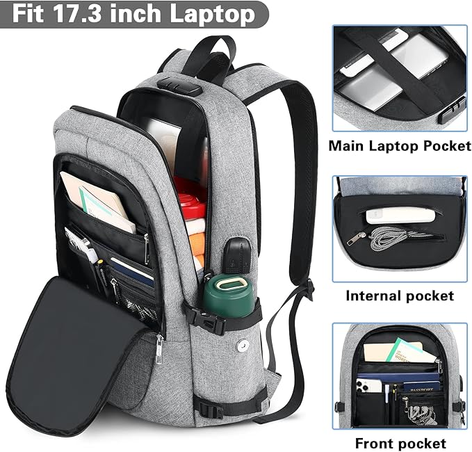 AMBOR Travel Laptop Backpack, 15.6-17.3 inch Anti Theft Business Laptop Backpack with USB Charging Port and Headphone Interface, Backpack for Men & Women, Grey