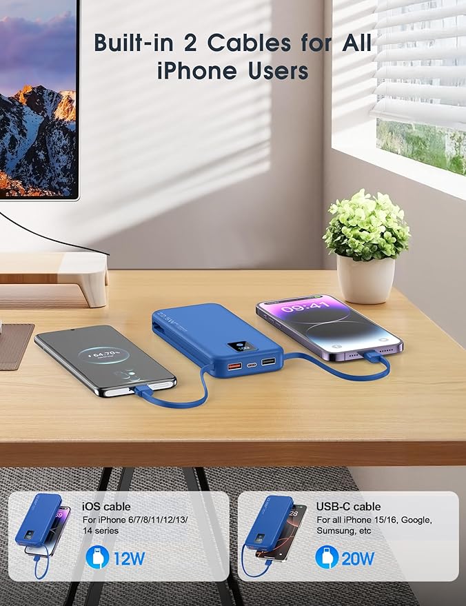 Portable Charger, 12000mAh 22.5W Fast Charging Power Bank with Built-in Cables & Wall Plug, Travel Essential Battery Pack with LED Display, USB C Battery Phone Charger for iPhone, iPad, Samsung Navy