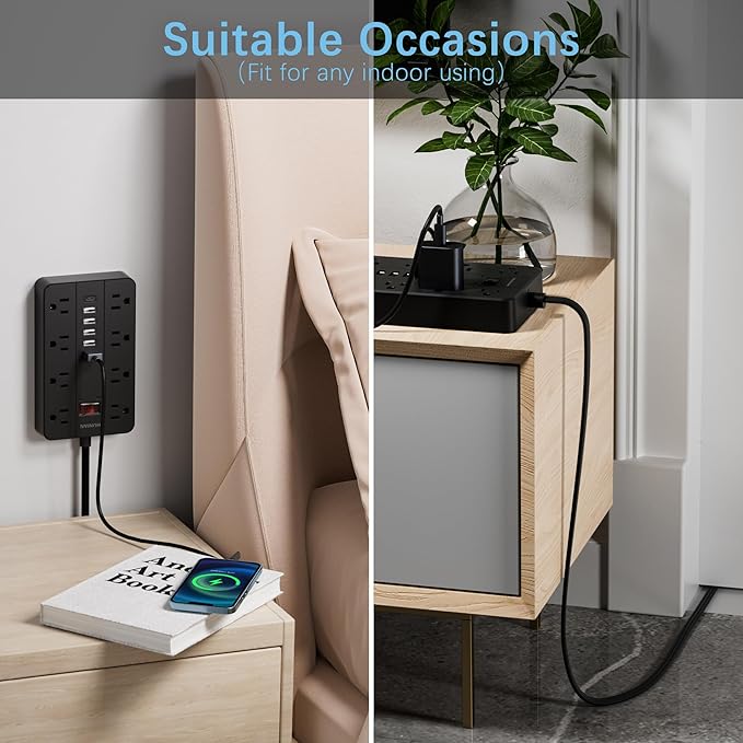 Power Strip with USB Ports, HUNIAN 5 Ft Extension Cord Flat Plug with 8 Outlets, 6 USB Charger(1 USB C Port), Indoor Desk Charging Station Surge Protector for Home and Office Accessories, Black